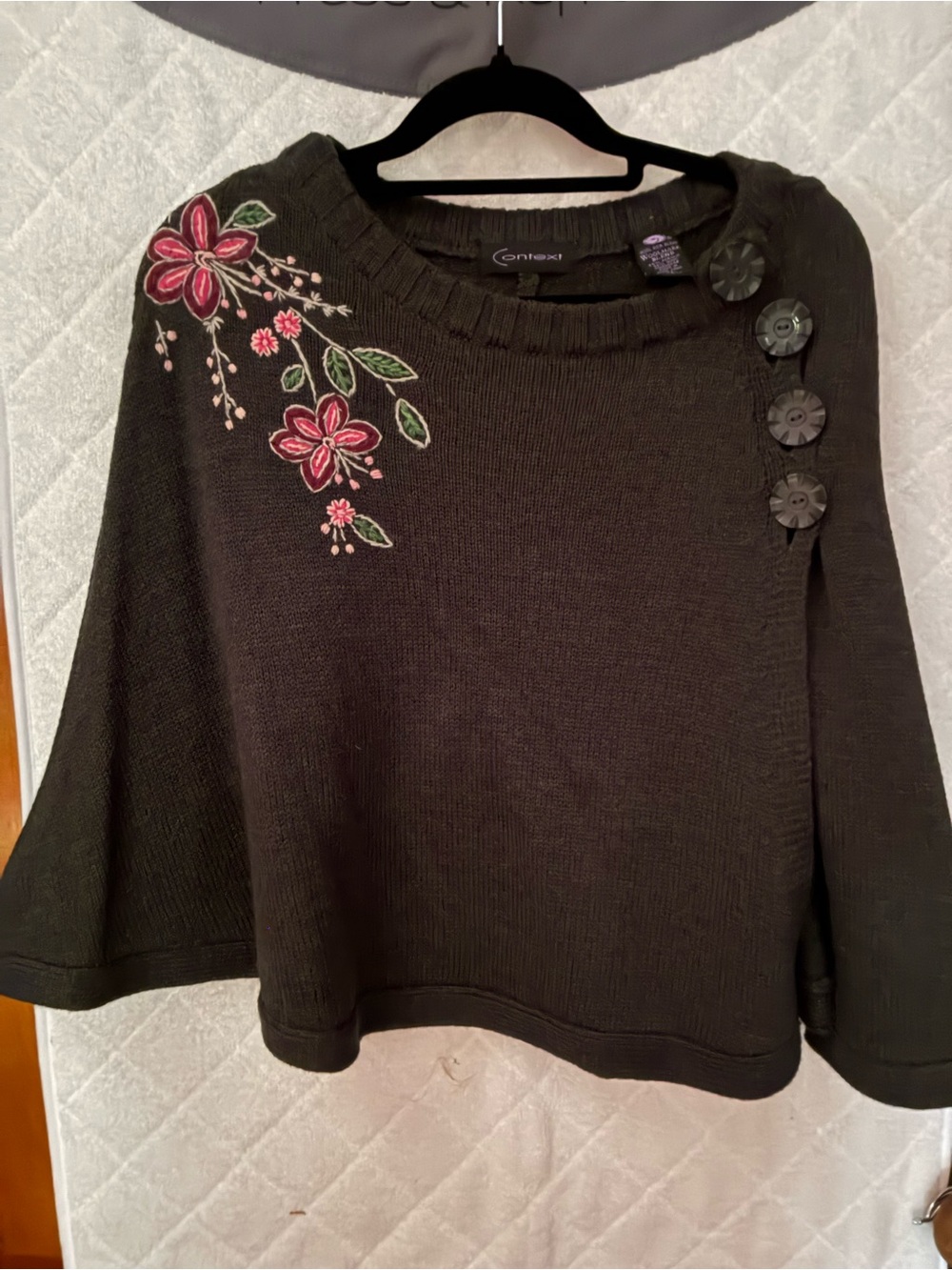 Context Black Floral Embroidered Button-Shoulder Sweater Shawl